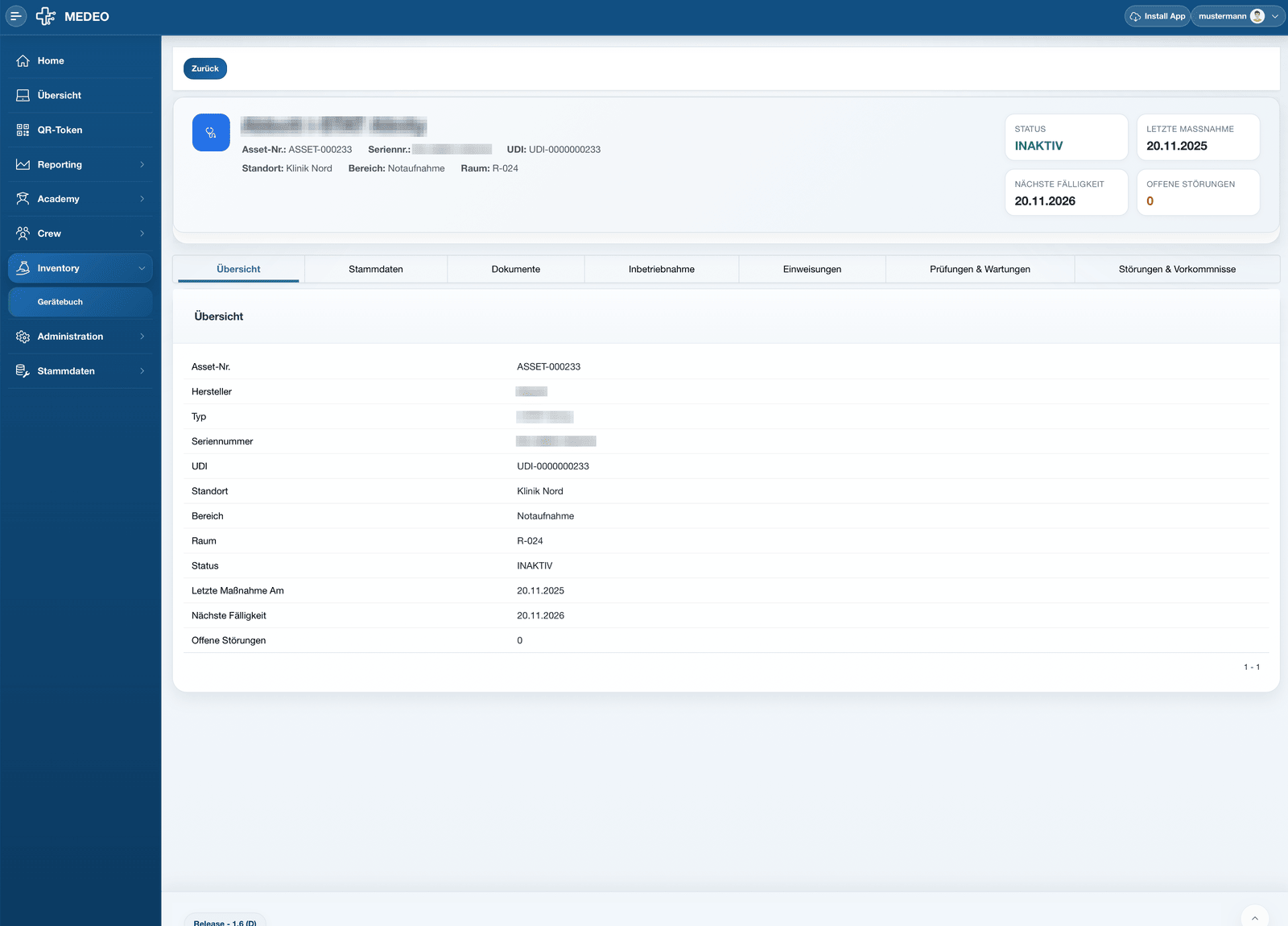 MEDEO Admin-App Gerätebuch Detailansicht