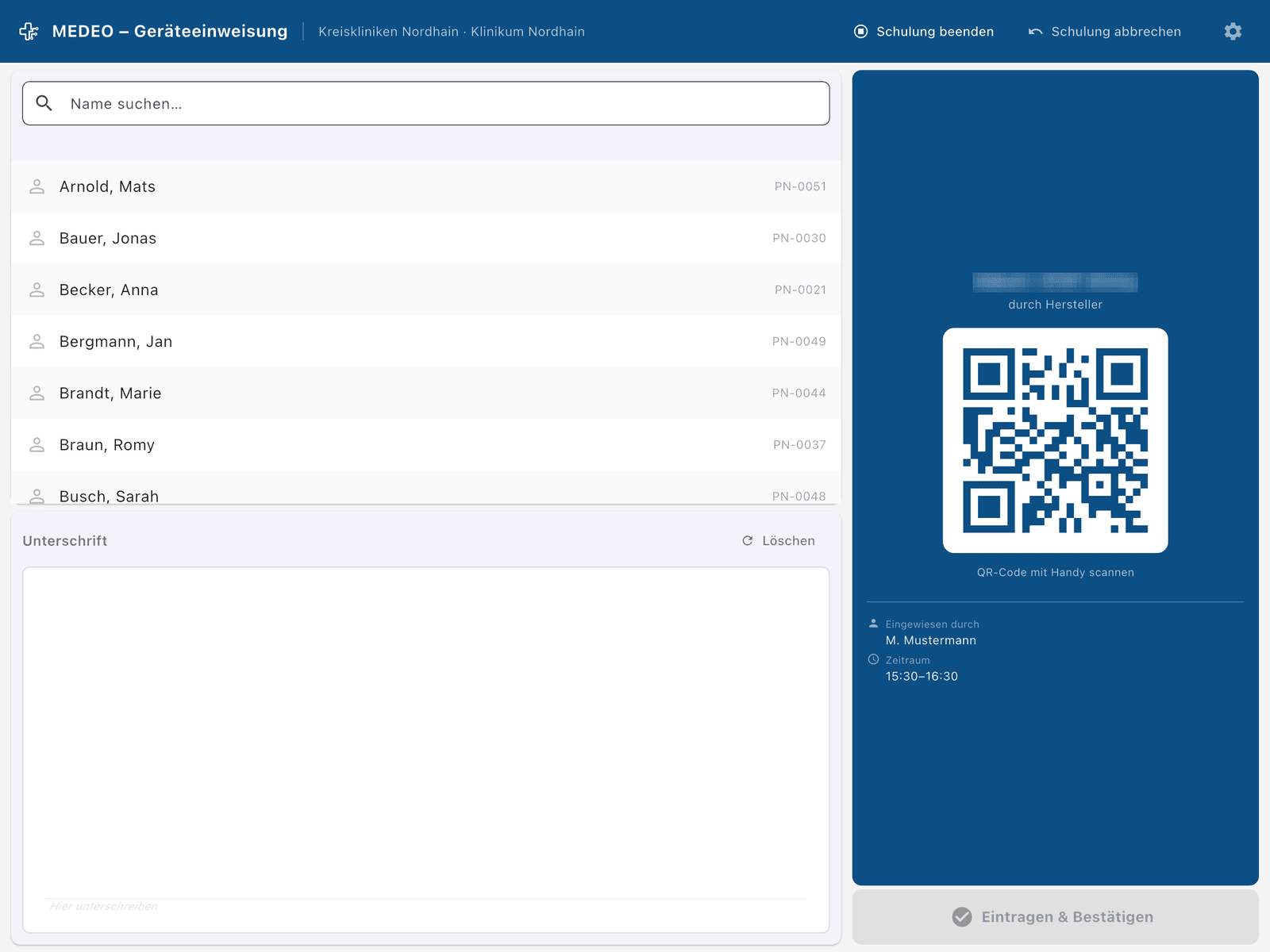 MEDEO Check-In App – Unterschrift & QR-Code