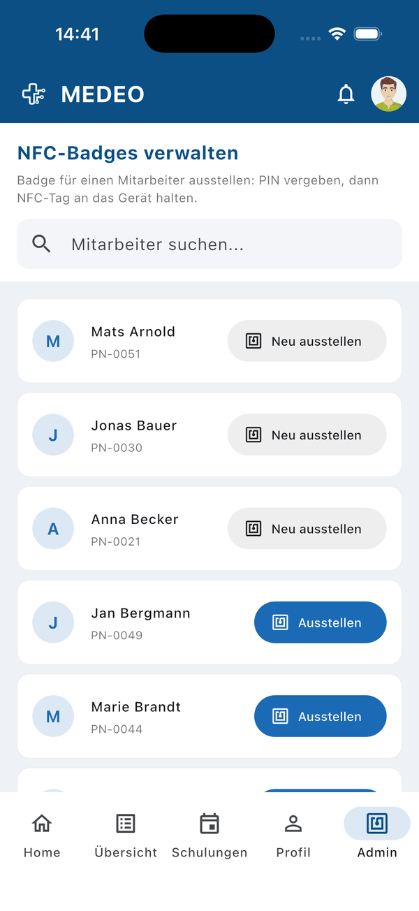 MEDEO Mobile App NFC-Badges verwalten