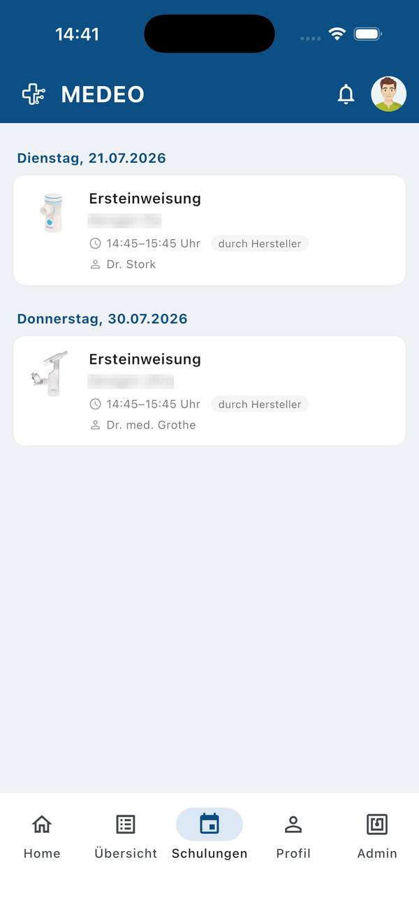 MEDEO Mobile App Schulungstermine