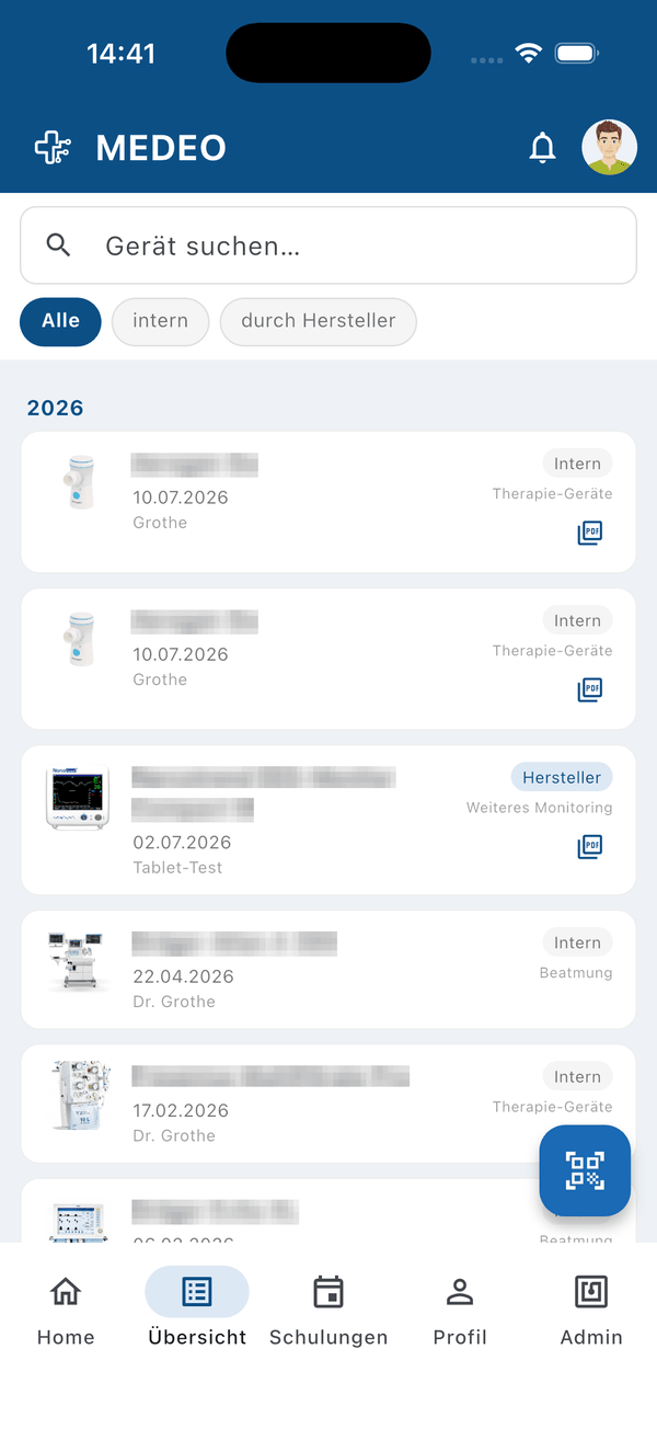 MEDEO Mobile App Geräteübersicht